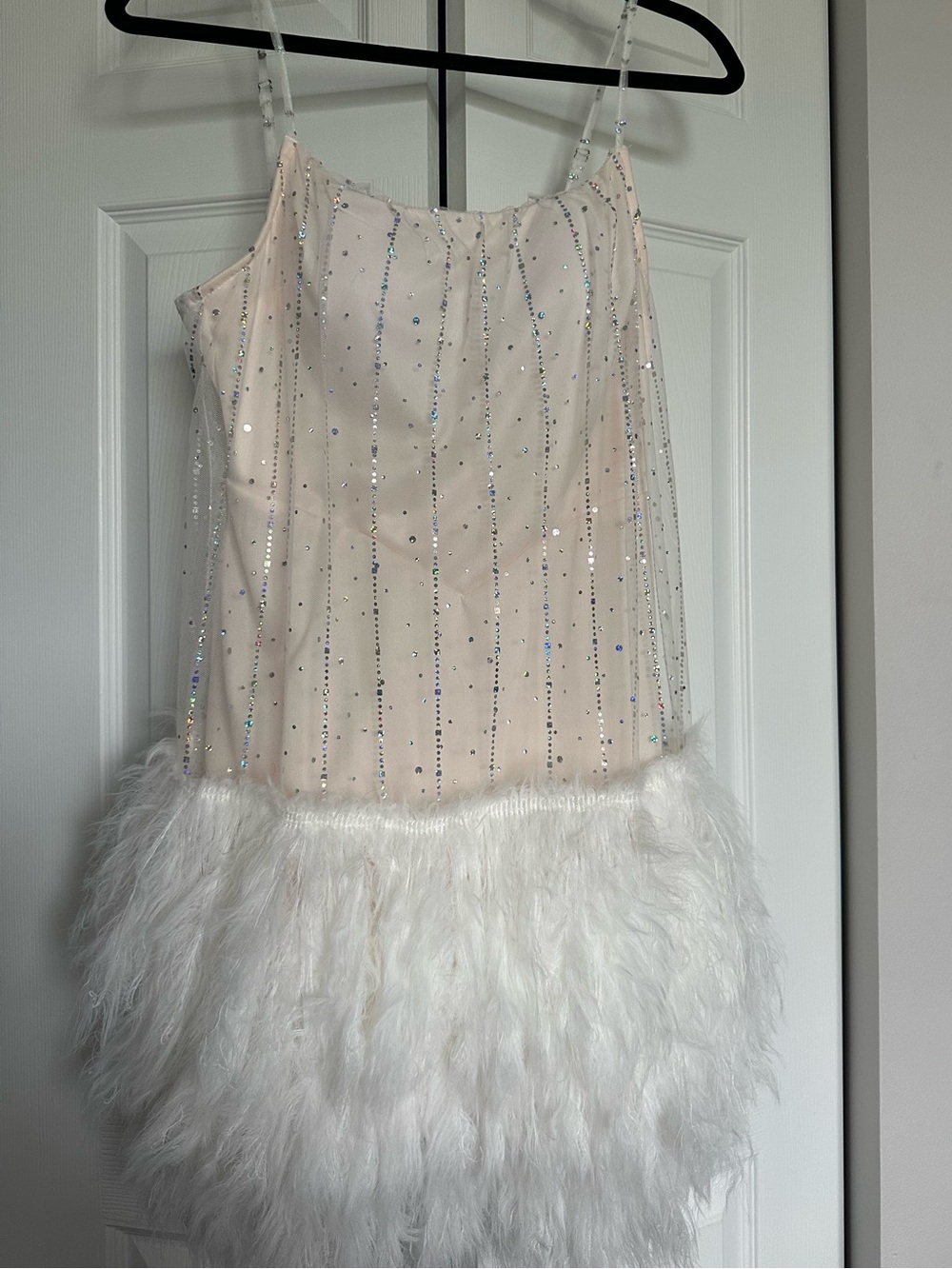 White Sparkly Feather Mini Dress